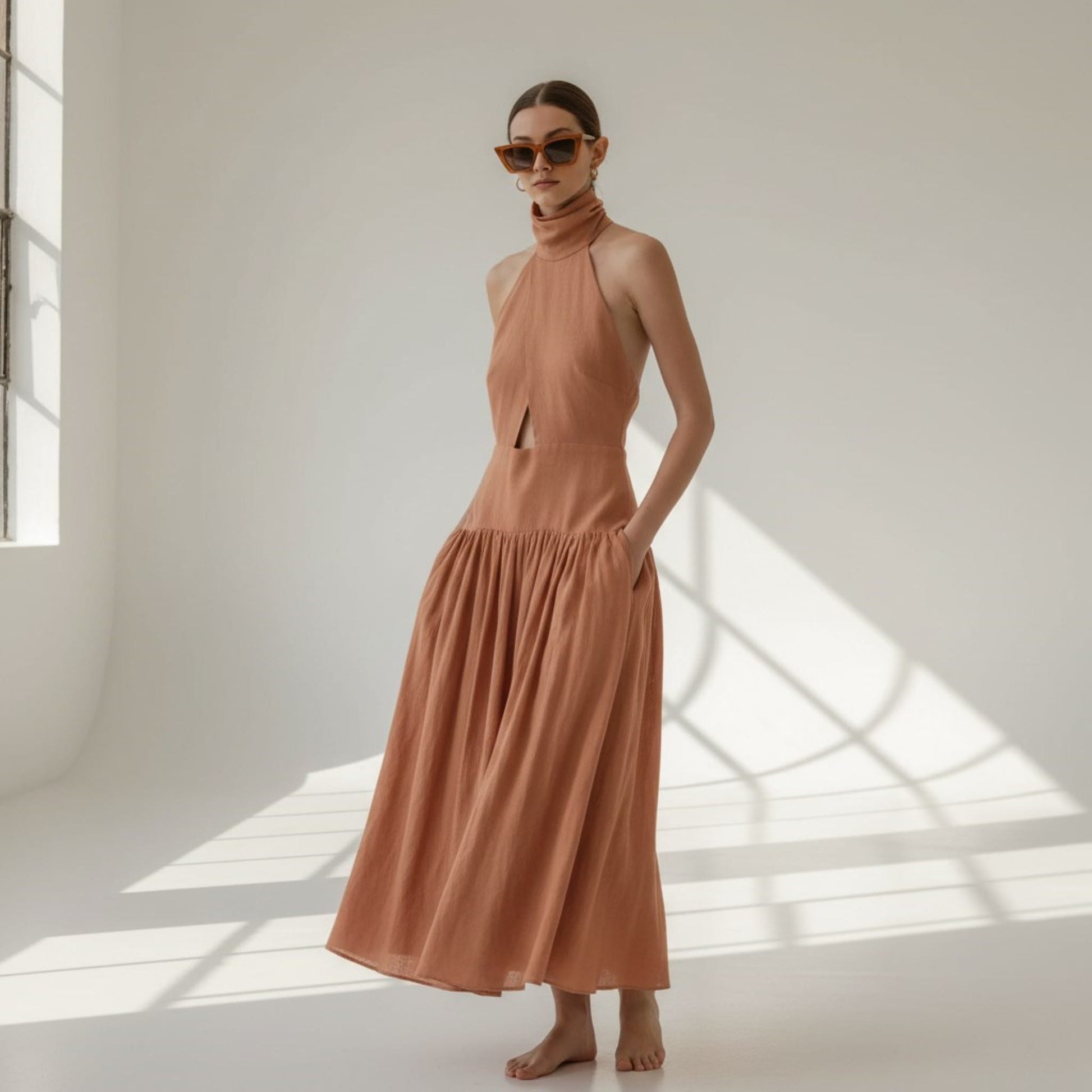 Halter Linen Maxi Dress, Keyhole Maxi Dress