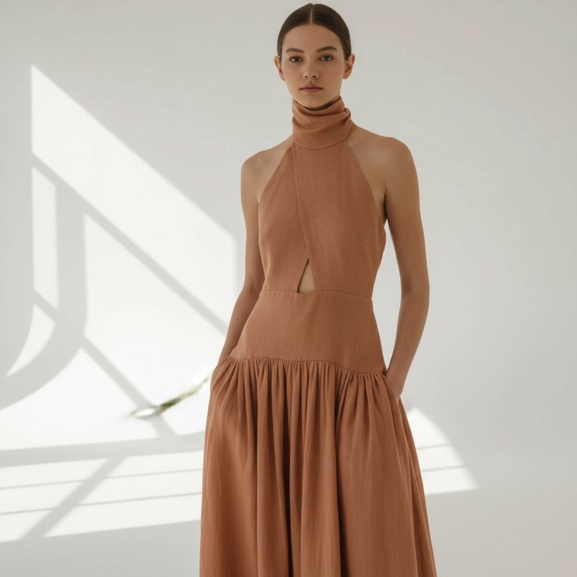 Halter Linen Maxi Dress, Keyhole Maxi Dress