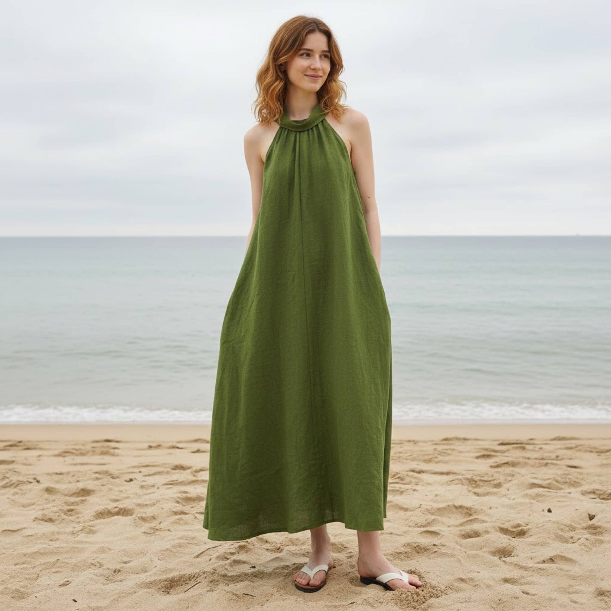 Halter Linen Maxi Dress, Sleeveless Summer Linen Dress