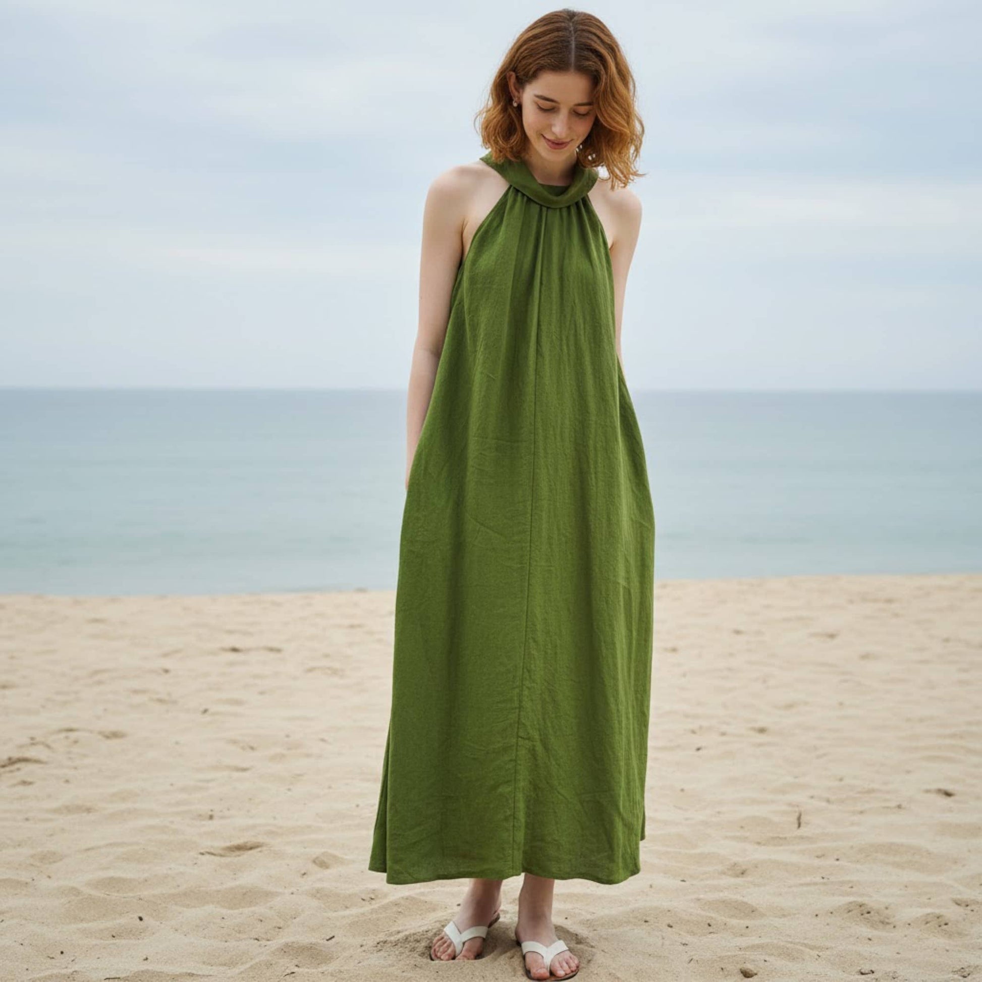 Halter Linen Maxi Dress, Sleeveless Summer Linen Dress