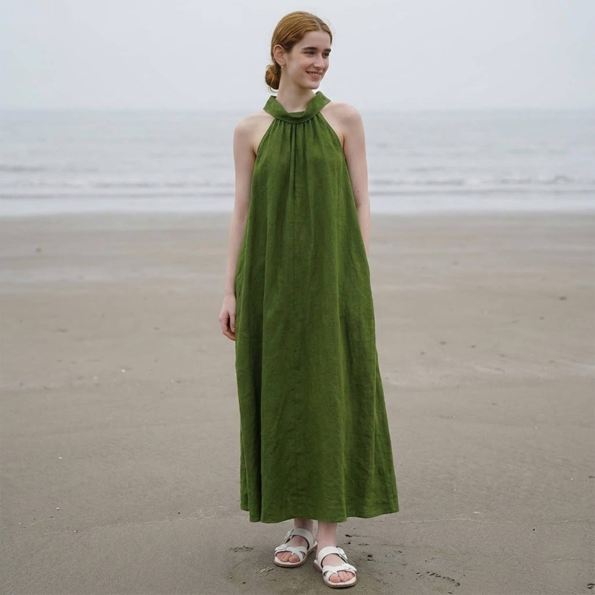 Halter Linen Maxi Dress, Sleeveless Summer Linen Dress