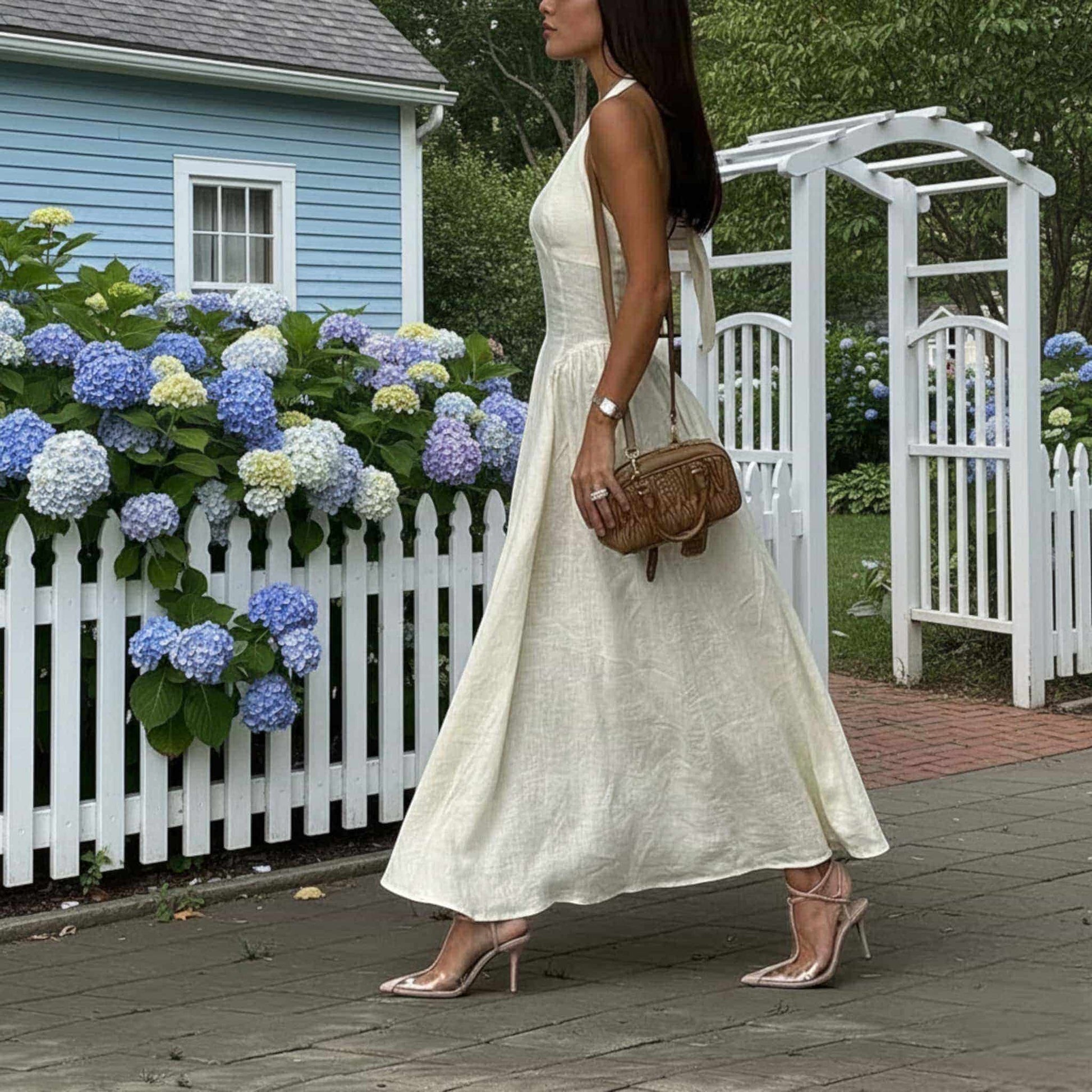 Halter Linen Maxi Dress, V Neck Linen Long Dress