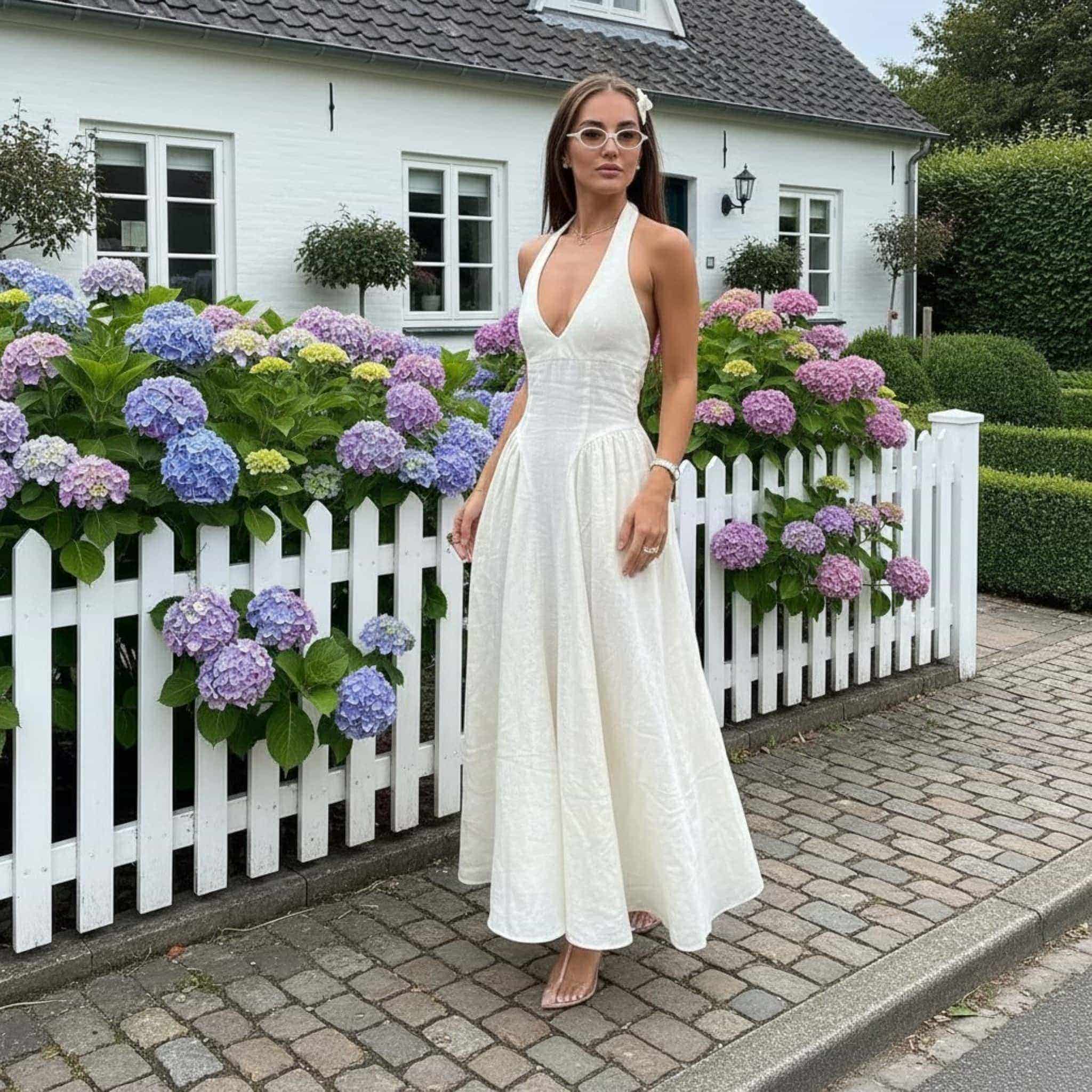 Halter Linen Maxi Dress, V Neck Linen Long Dress