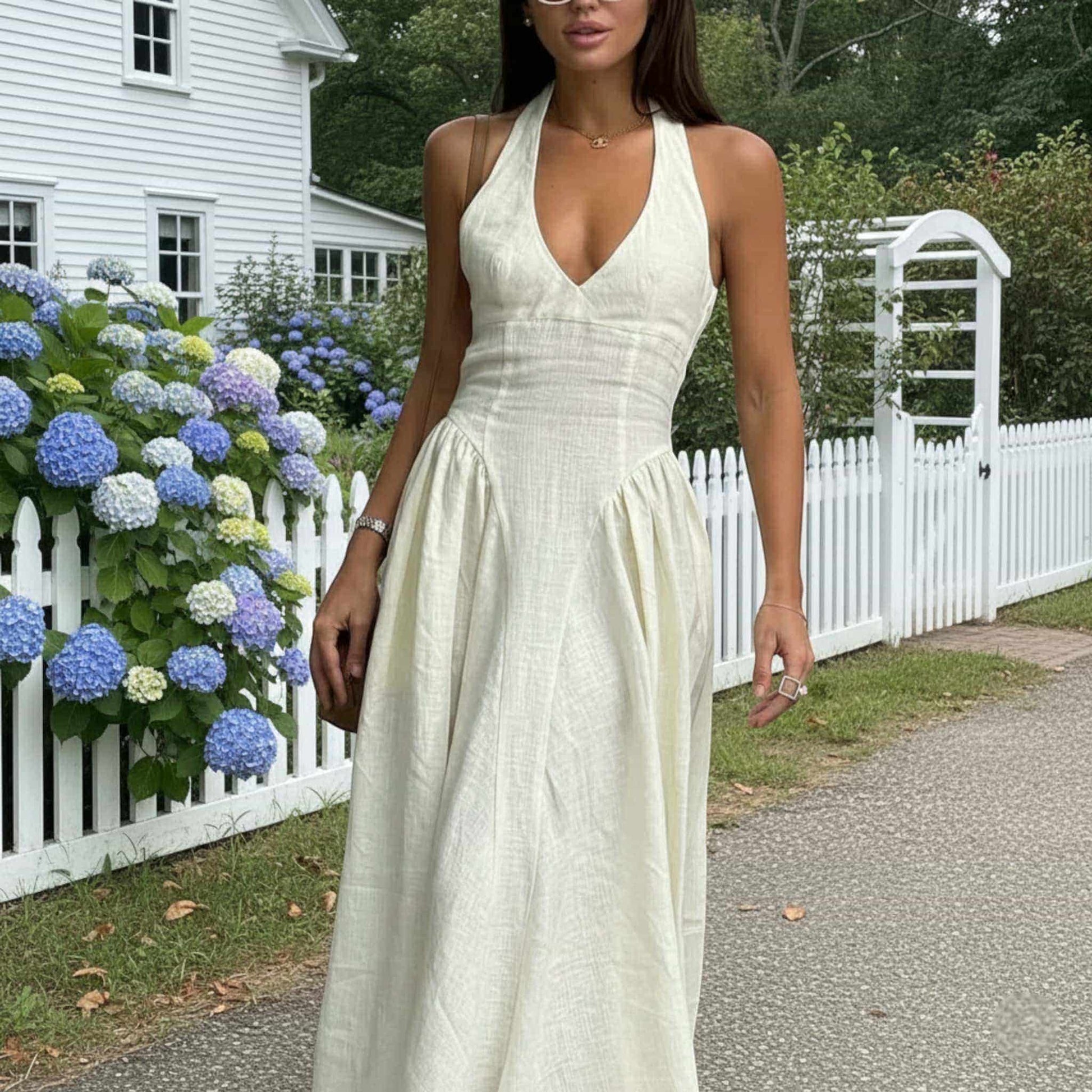 Halter Linen Maxi Dress, V Neck Linen Long Dress