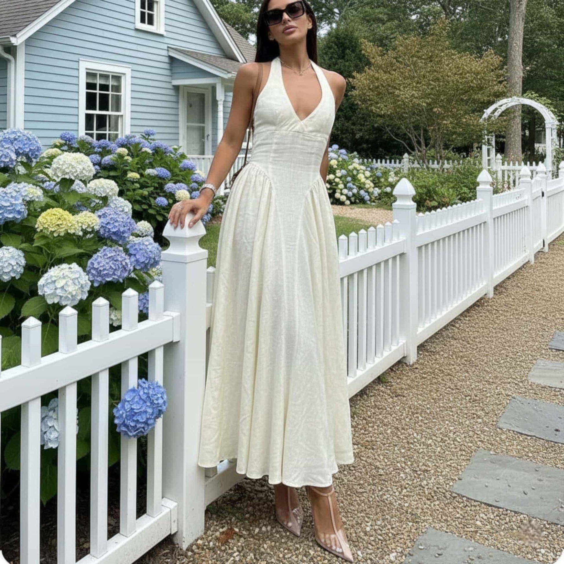 Halter Linen Maxi Dress, V Neck Linen Long Dress