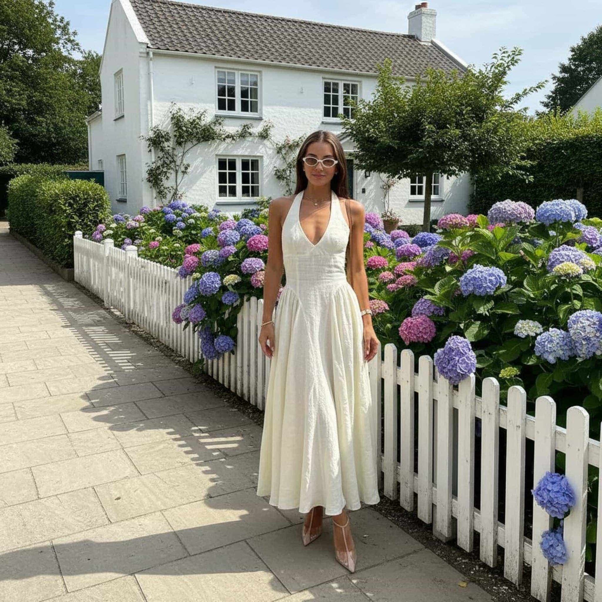 Halter Linen Maxi Dress, V Neck Linen Long Dress