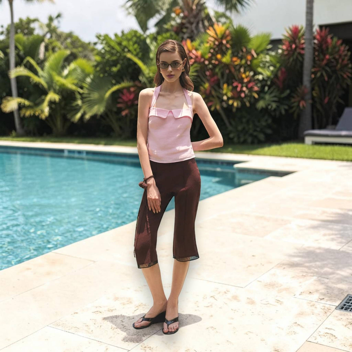 Halter Neck Linen Crop Top, Open Tie Back