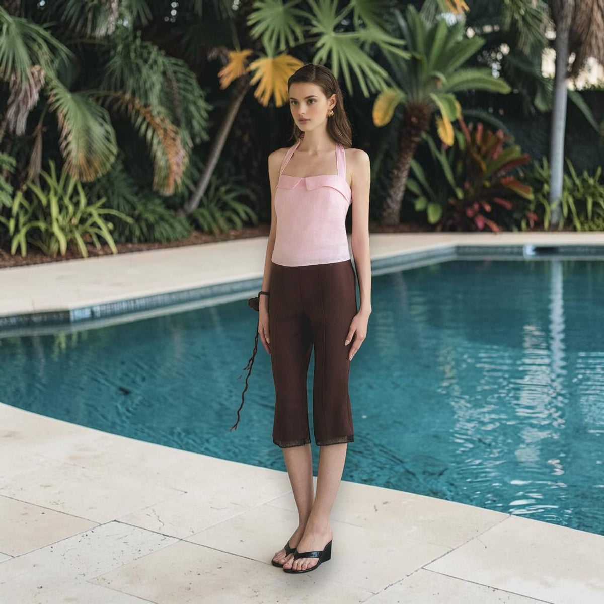 Halter Neck Linen Crop Top, Open Tie Back
