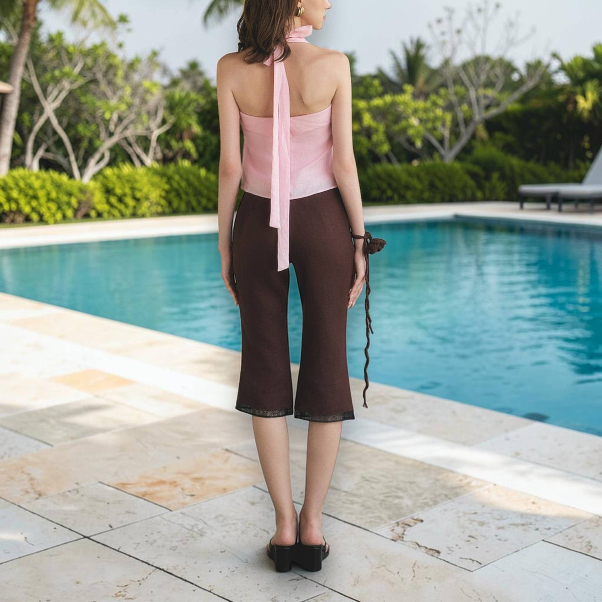 Halter Neck Linen Crop Top, Open Tie Back