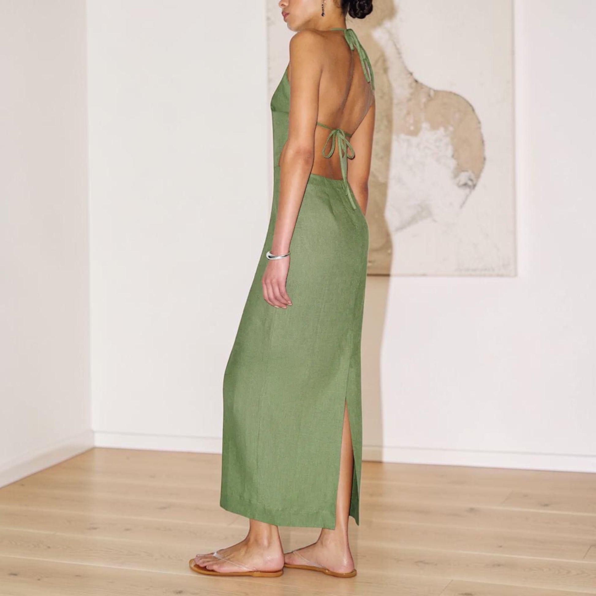 Halter Neck Linen Maxi Dress, Open Back Side Cutout