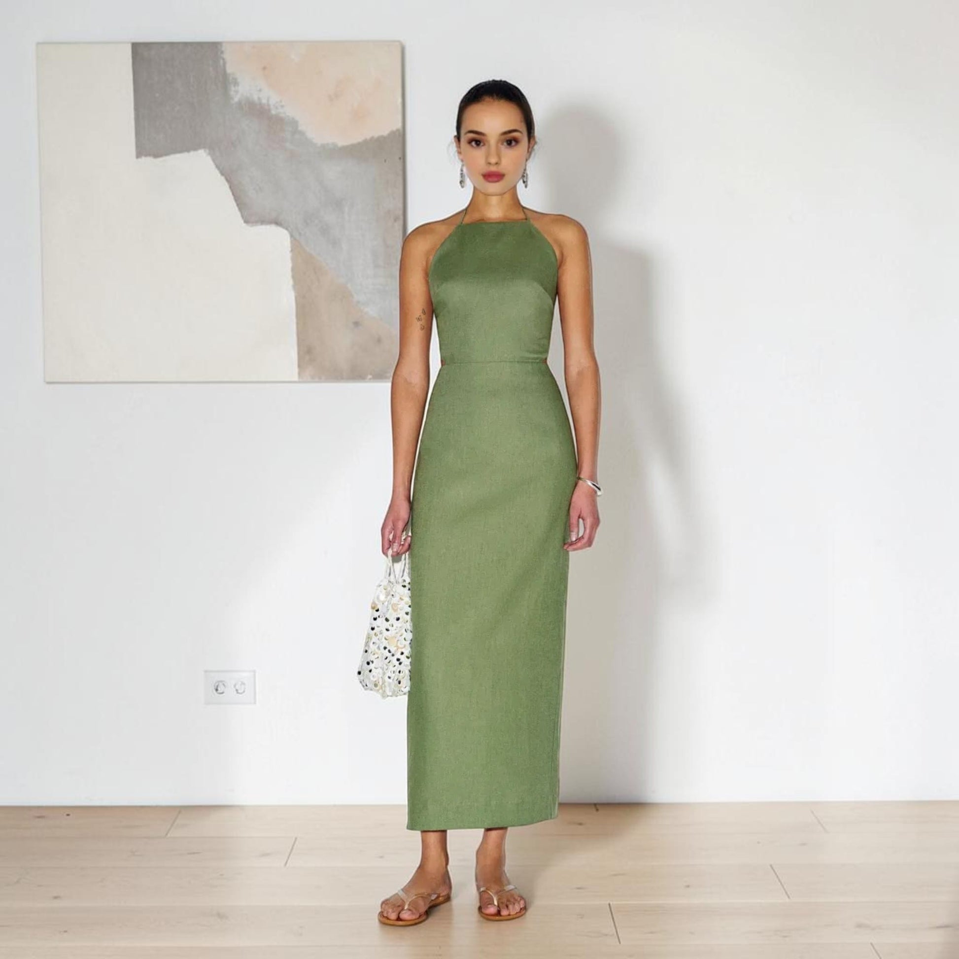 Halter Neck Linen Maxi Dress, Open Back Side Cutout