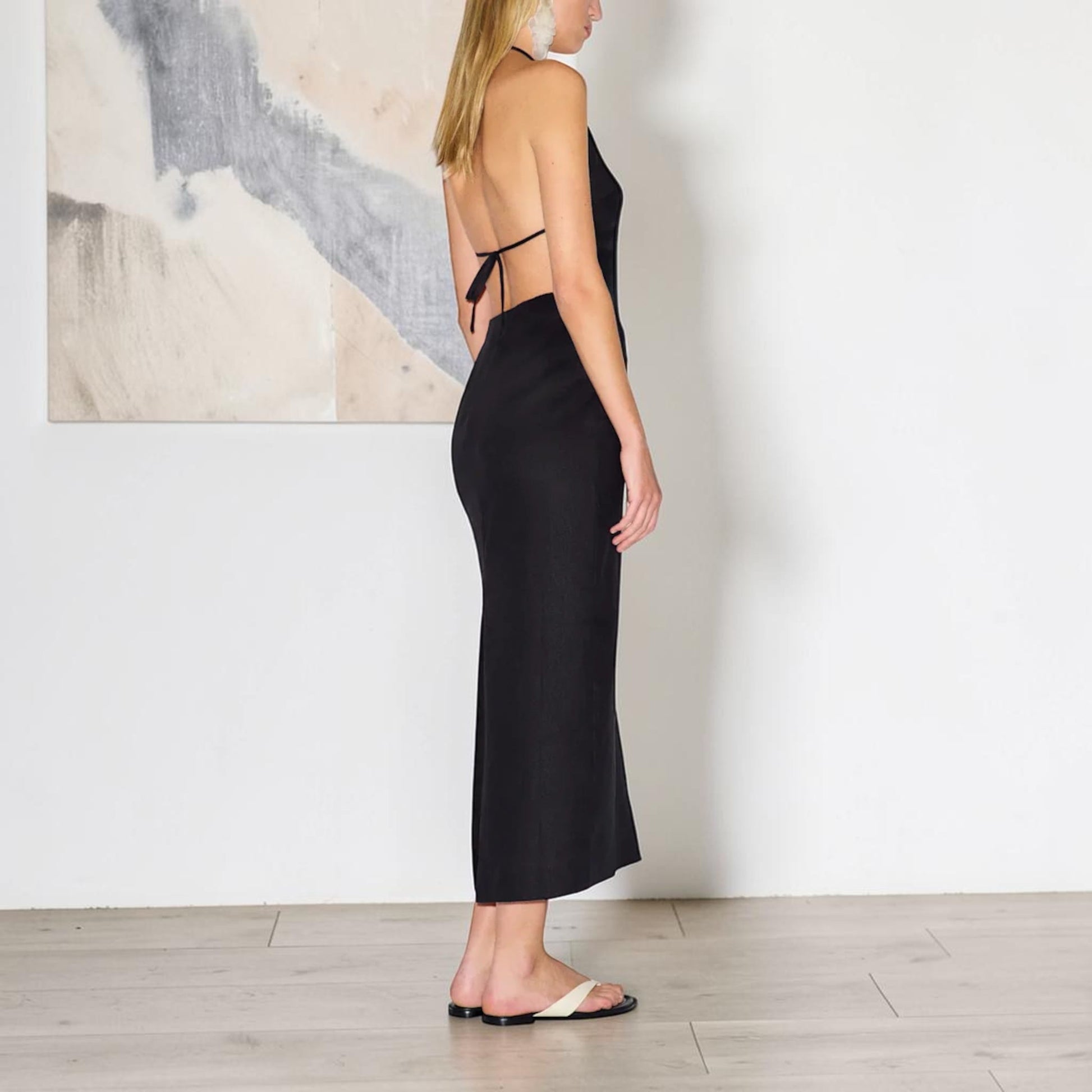 Halter Neck Linen Maxi Dress, Open Back Side Cutout