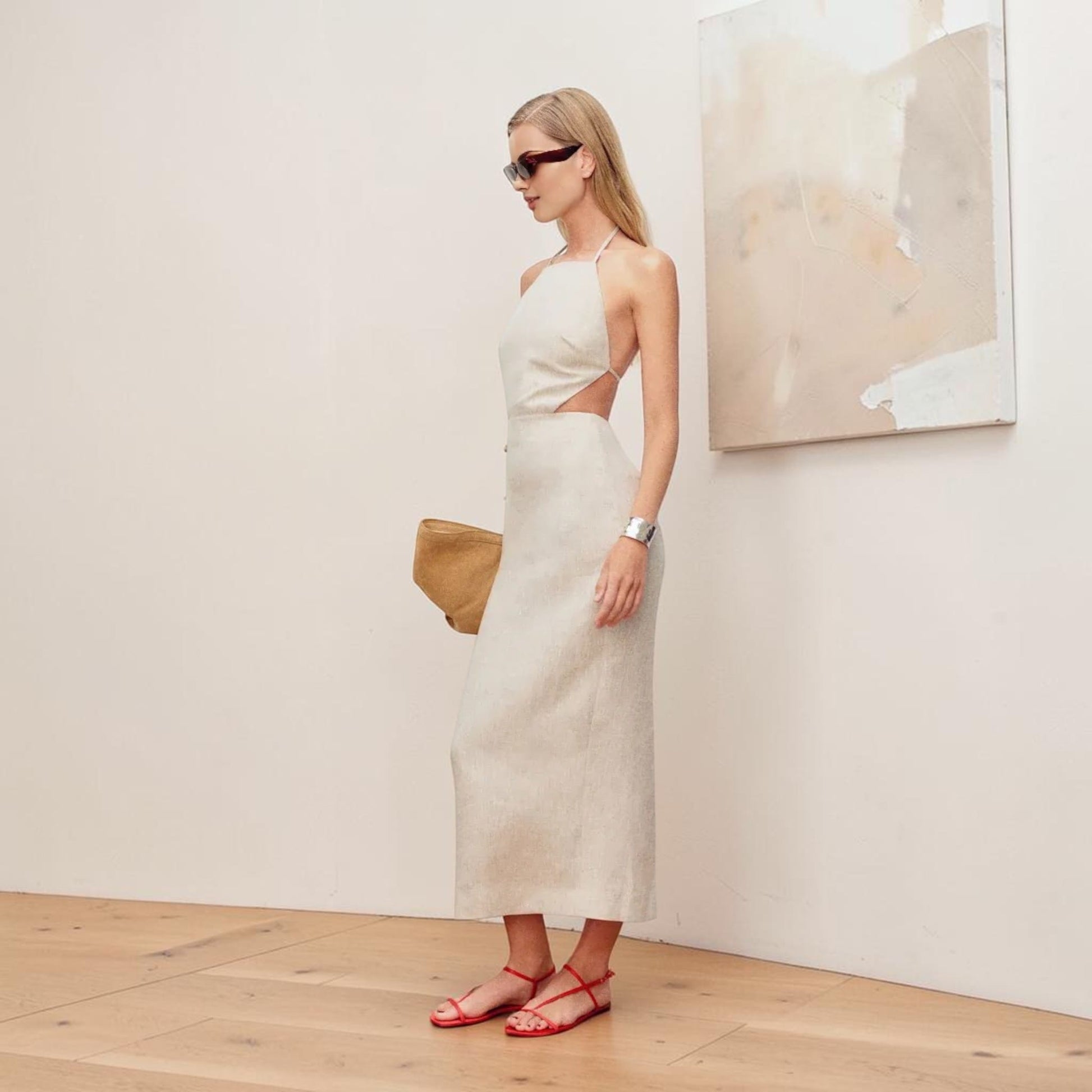 Halter Neck Linen Maxi Dress, Open Back Side Cutout
