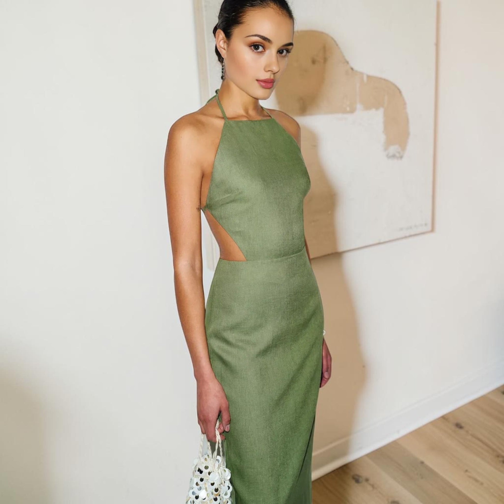 Halter Neck Linen Maxi Dress, Open Back Side Cutout