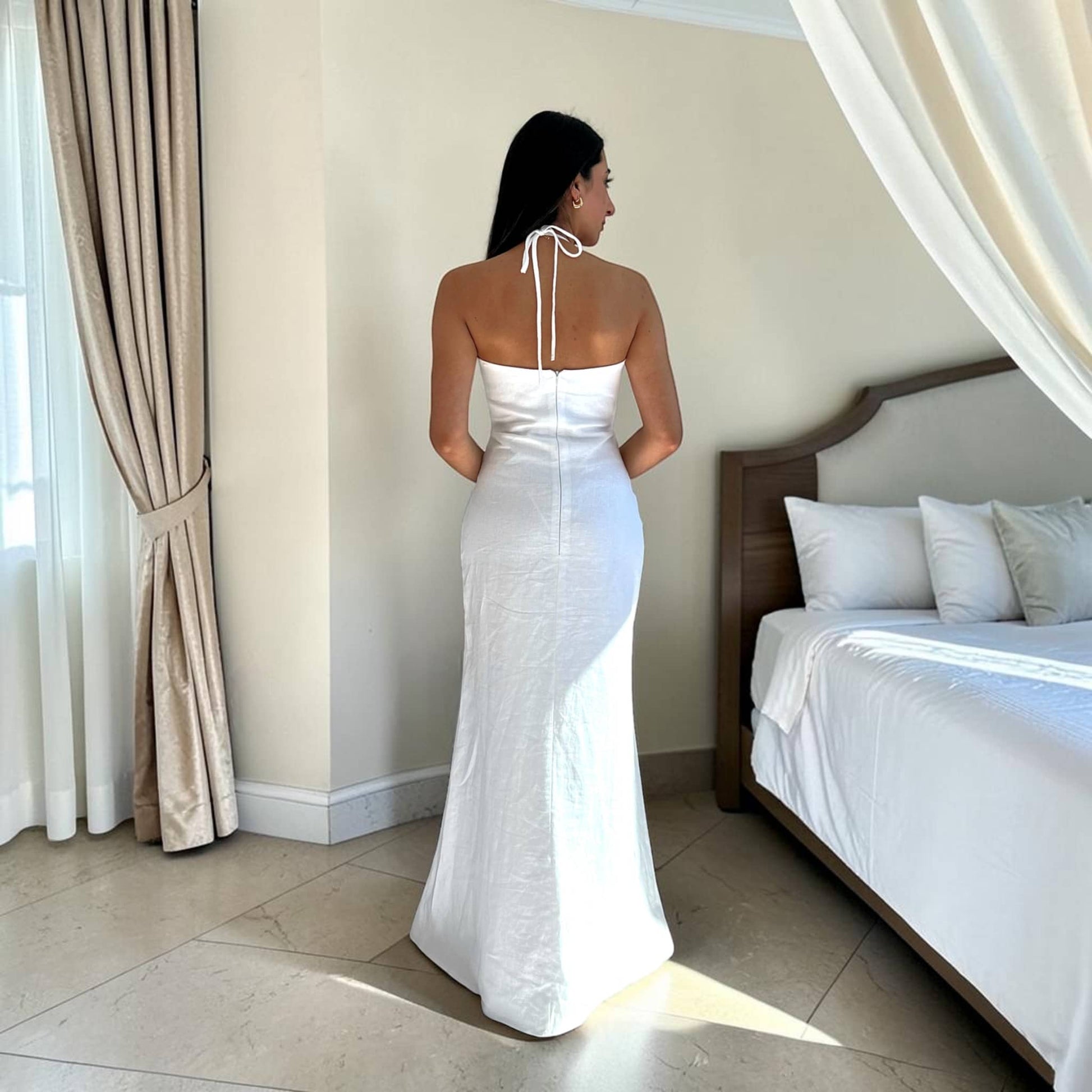 Halter Neck Linen Maxi Dress, Ruched Cut-Out Open Back