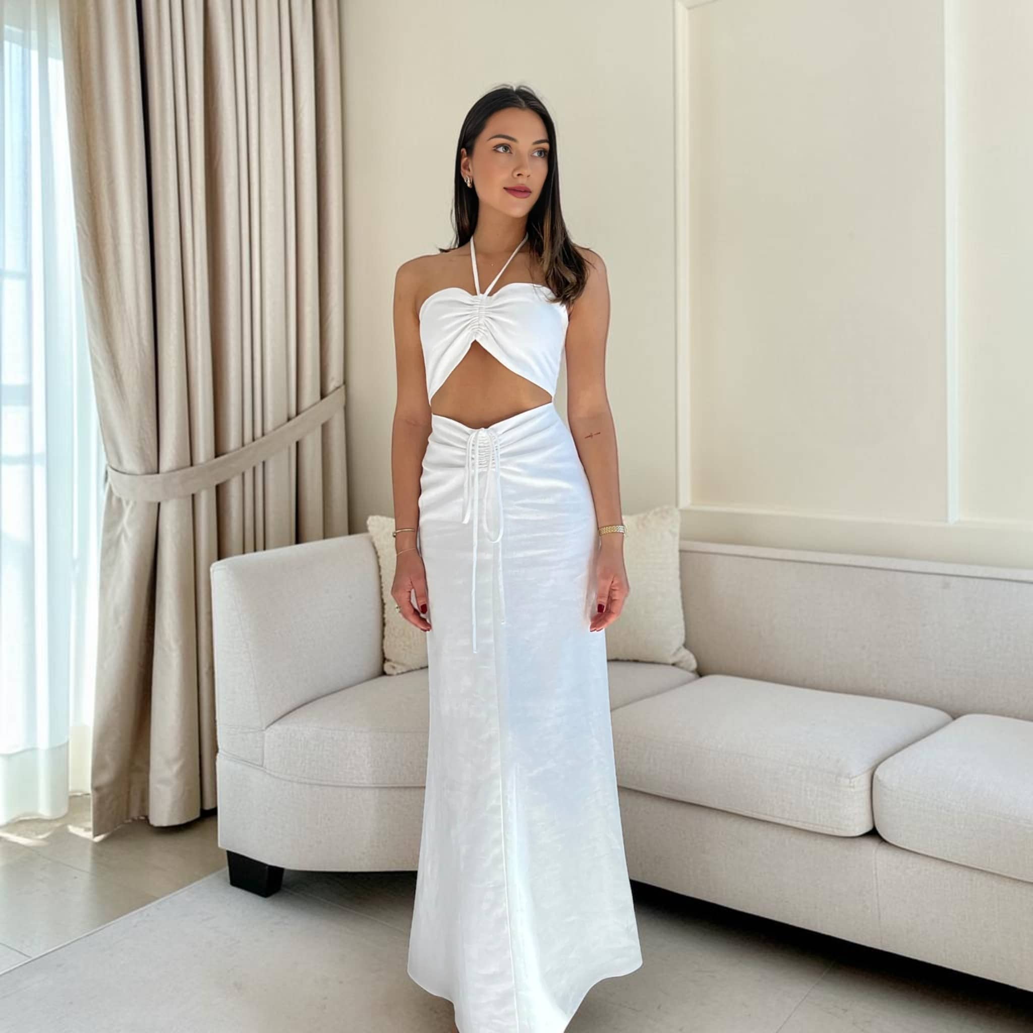 Halter Neck Linen Maxi Dress, Ruched Cut-Out Open Back
