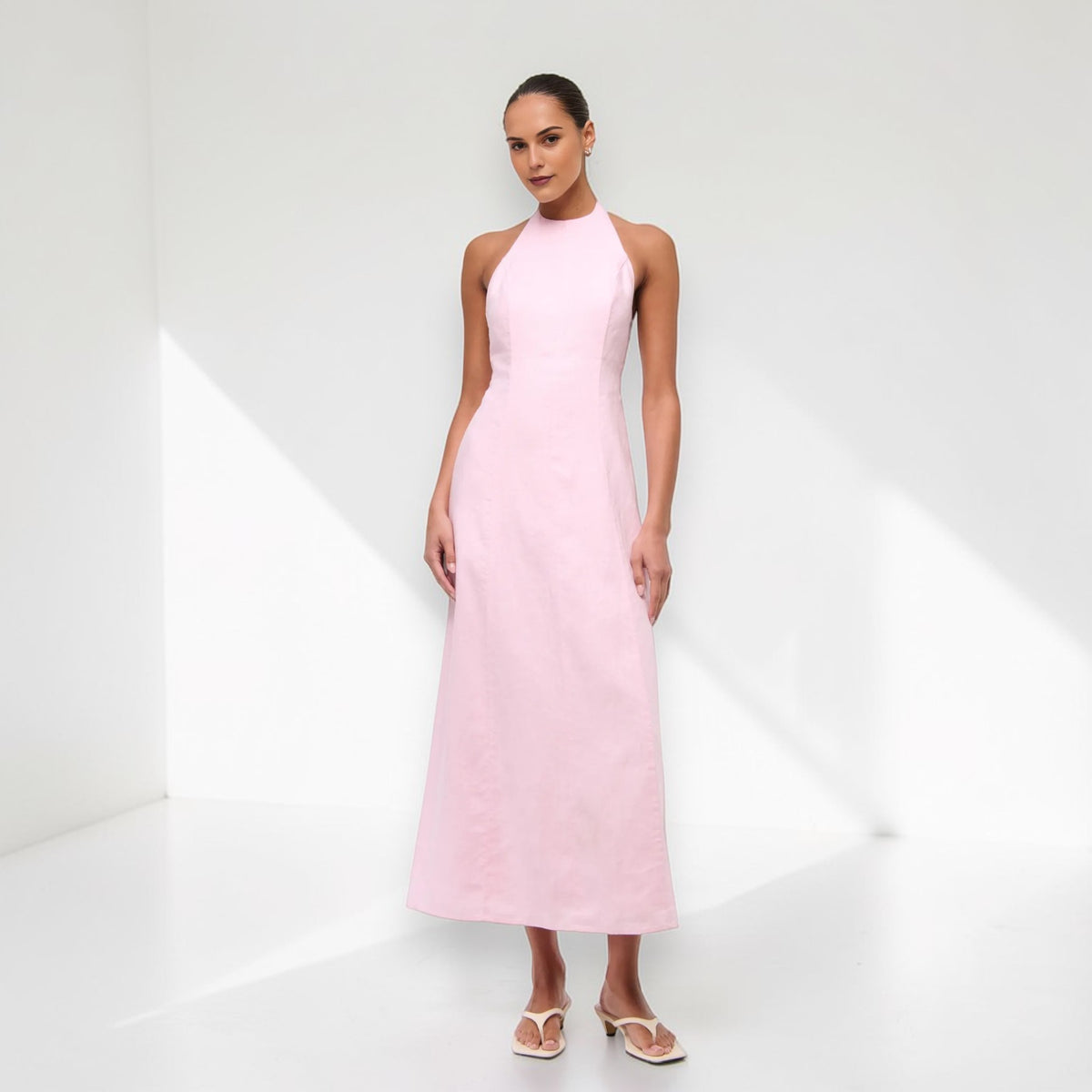 Halter Neck Linen Maxi Dress, Sleeveless Open Back Maxi Dress