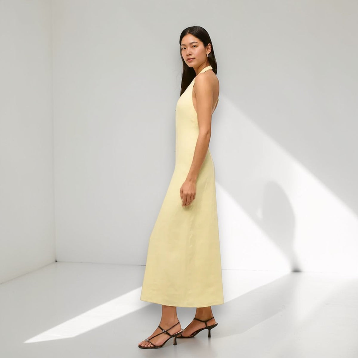 Halter Neck Linen Maxi Dress, Sleeveless Open Back Maxi Dress