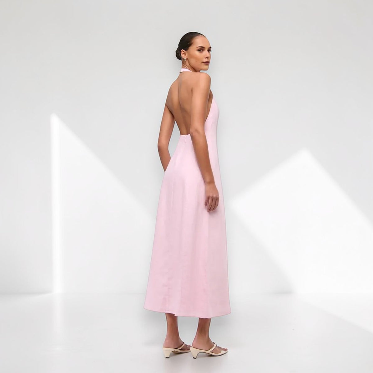 Halter Neck Linen Maxi Dress, Sleeveless Open Back Maxi Dress