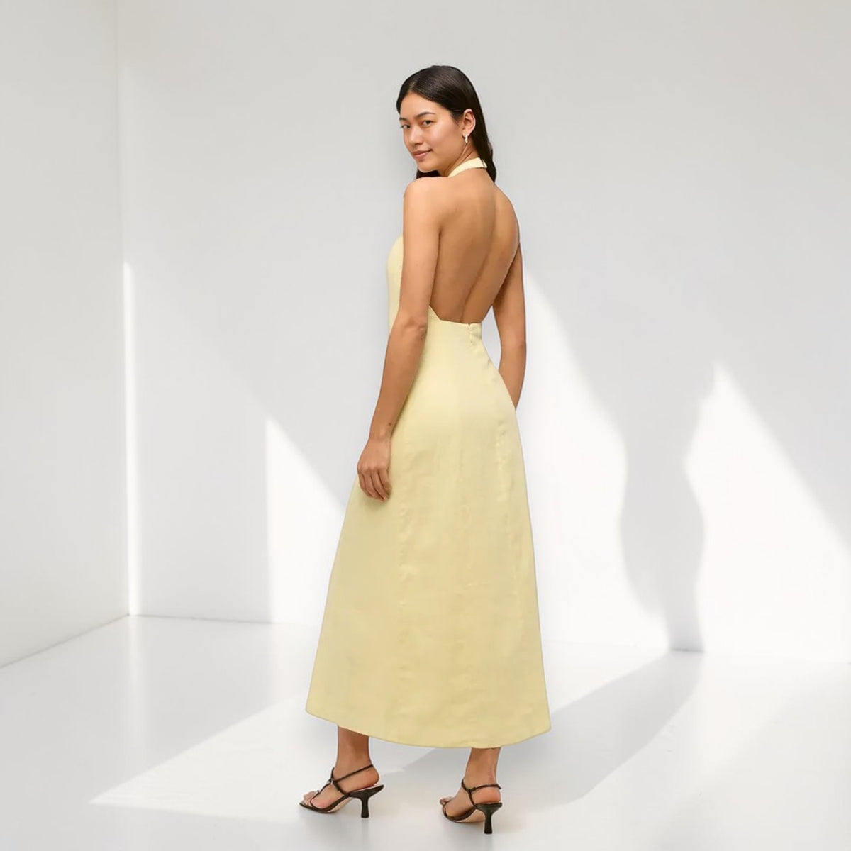 Halter Neck Linen Maxi Dress, Sleeveless Open Back Maxi Dress