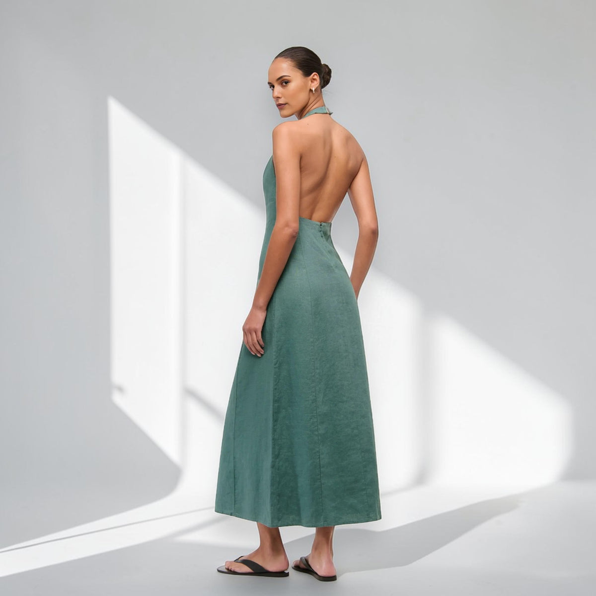 Halter Neck Linen Maxi Dress, Sleeveless Open Back Maxi Dress