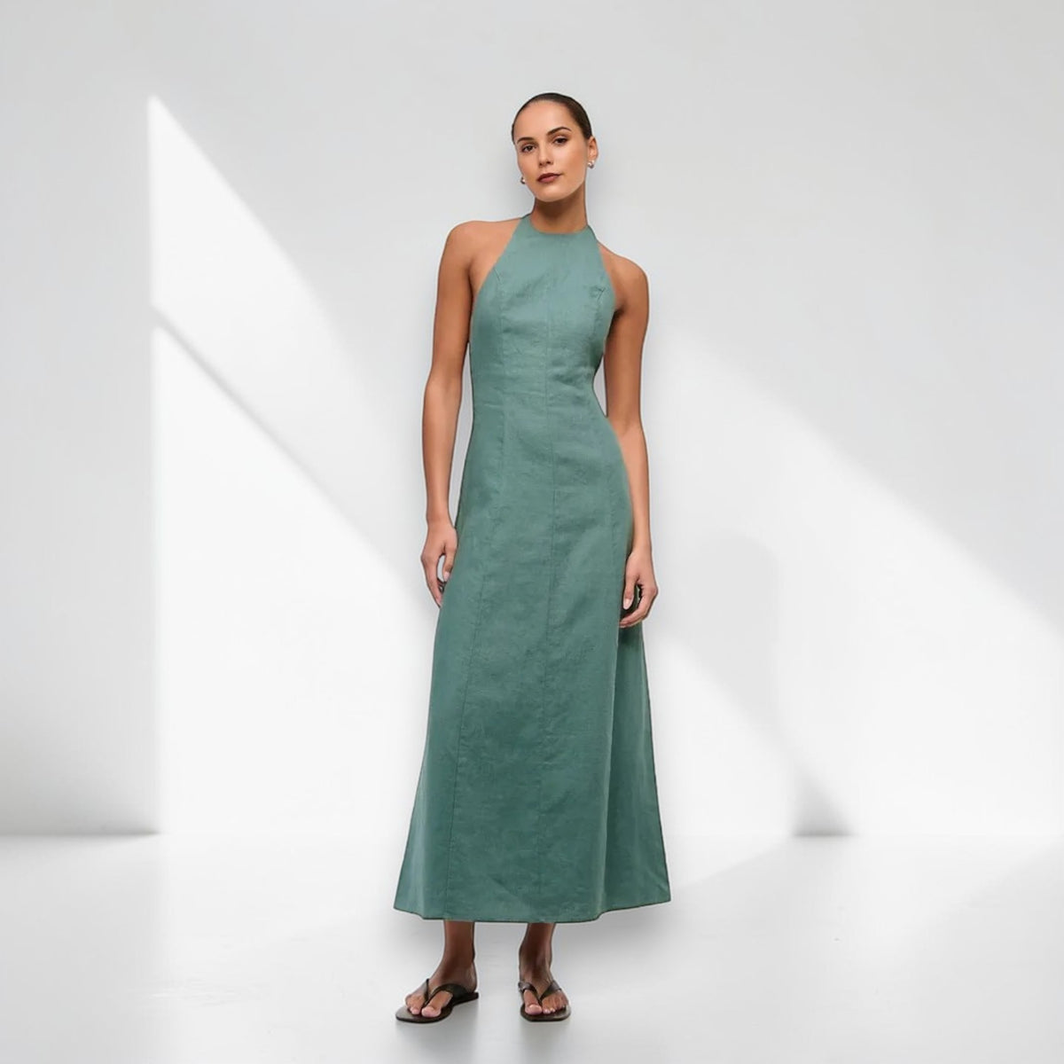 Halter Neck Linen Maxi Dress, Sleeveless Open Back Maxi Dress