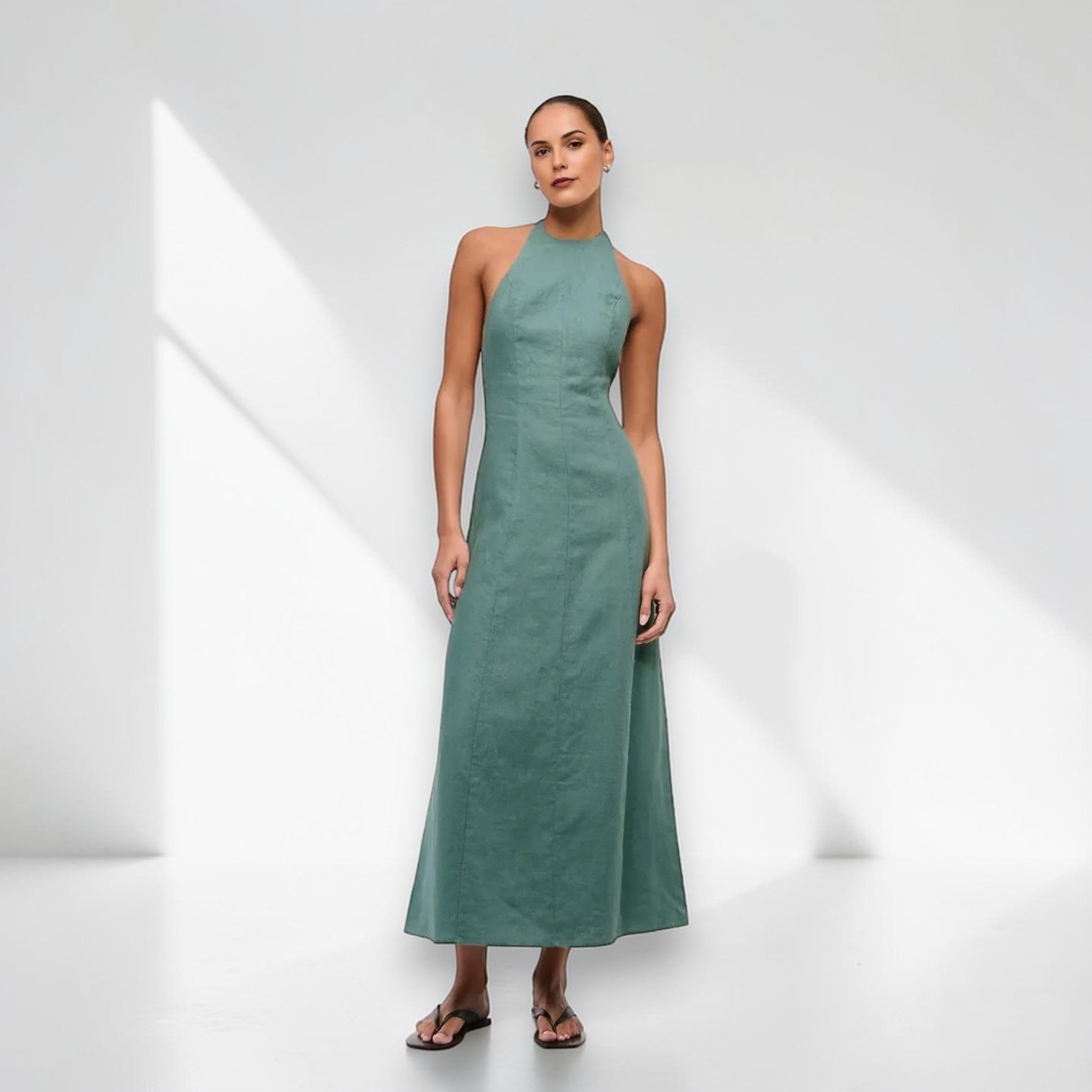 Halter Neck Linen Maxi Dress, Sleeveless Open Back Maxi Dress
