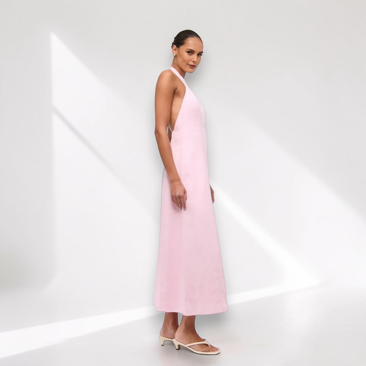 Halter Neck Linen Maxi Dress, Sleeveless Open Back Maxi Dress