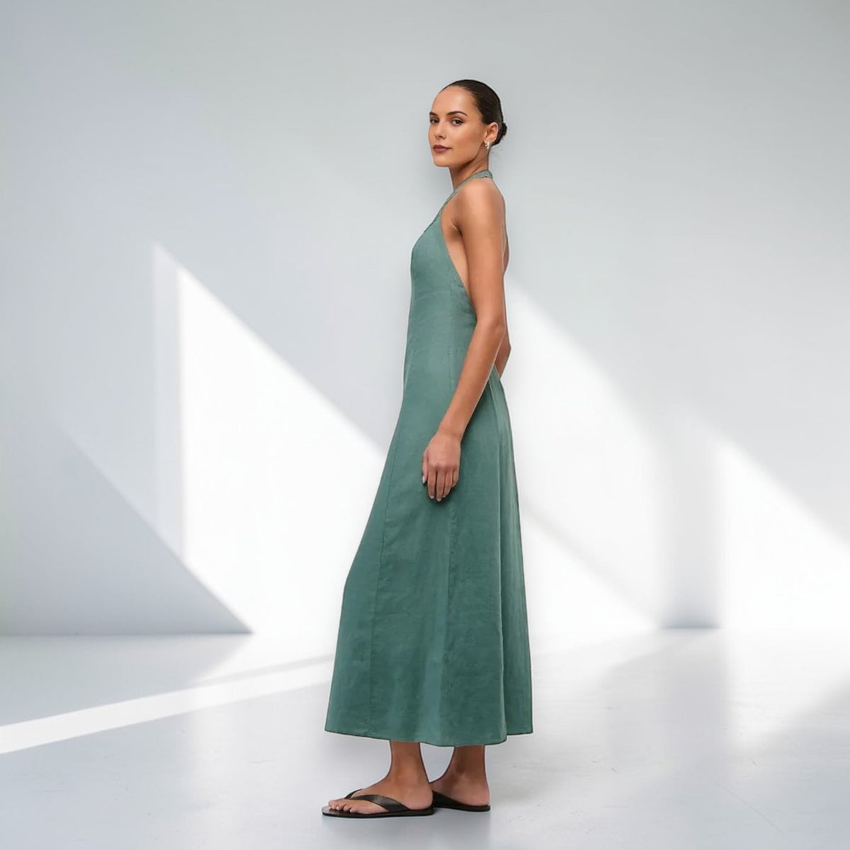 Halter Neck Linen Maxi Dress, Sleeveless Open Back Maxi Dress