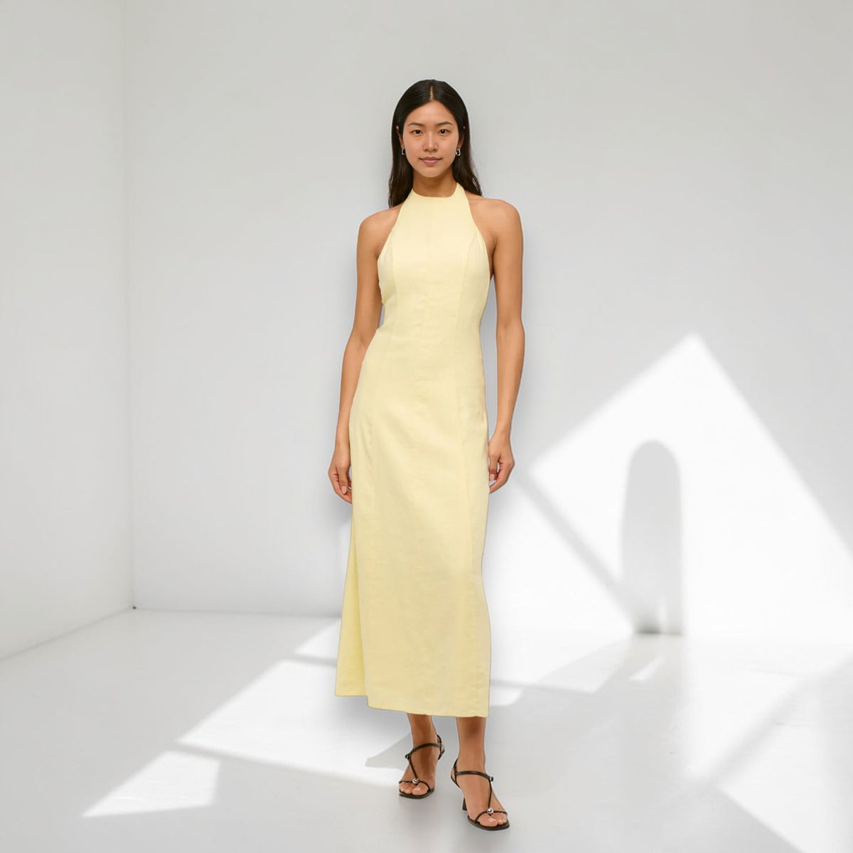 Halter Neck Linen Maxi Dress, Sleeveless Open Back Maxi Dress