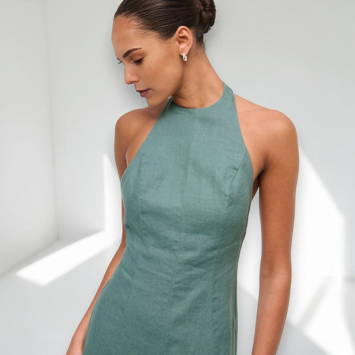 Halter Neck Linen Maxi Dress, Sleeveless Open Back Maxi Dress