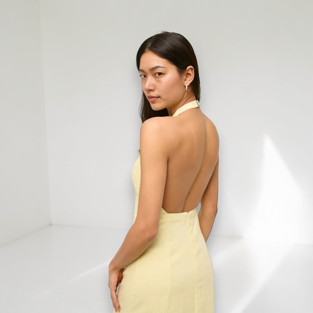 Halter Neck Linen Maxi Dress, Sleeveless Open Back Maxi Dress