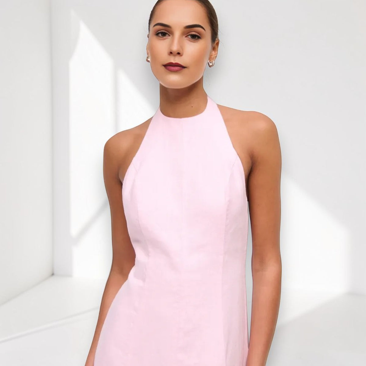 Halter Neck Linen Maxi Dress, Sleeveless Open Back Maxi Dress