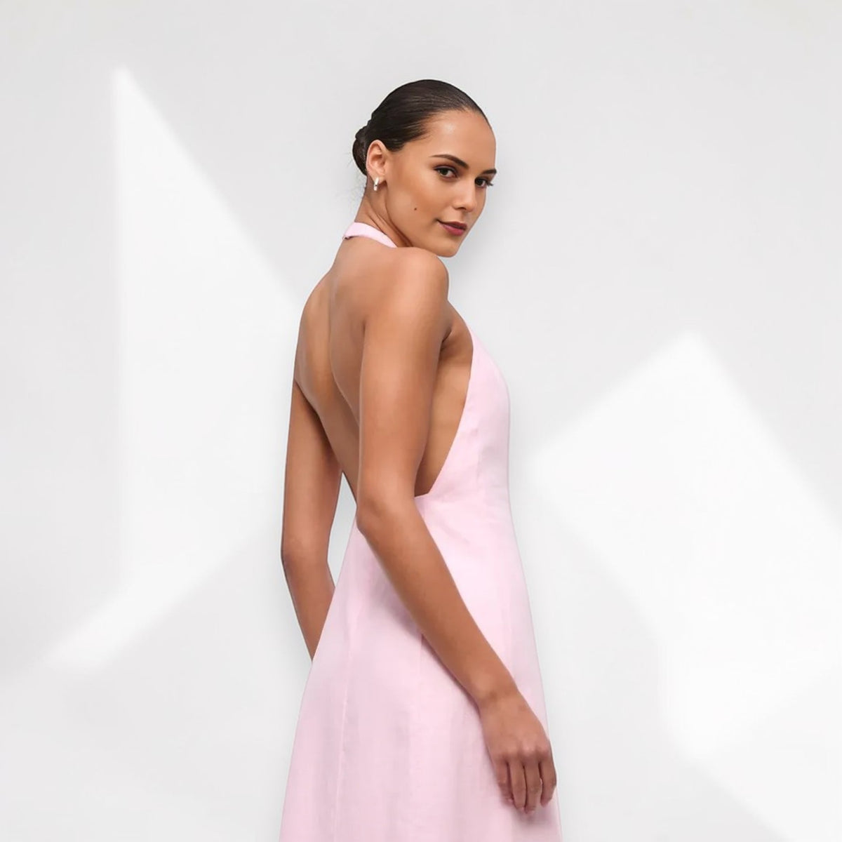 Halter Neck Linen Maxi Dress, Sleeveless Open Back Maxi Dress