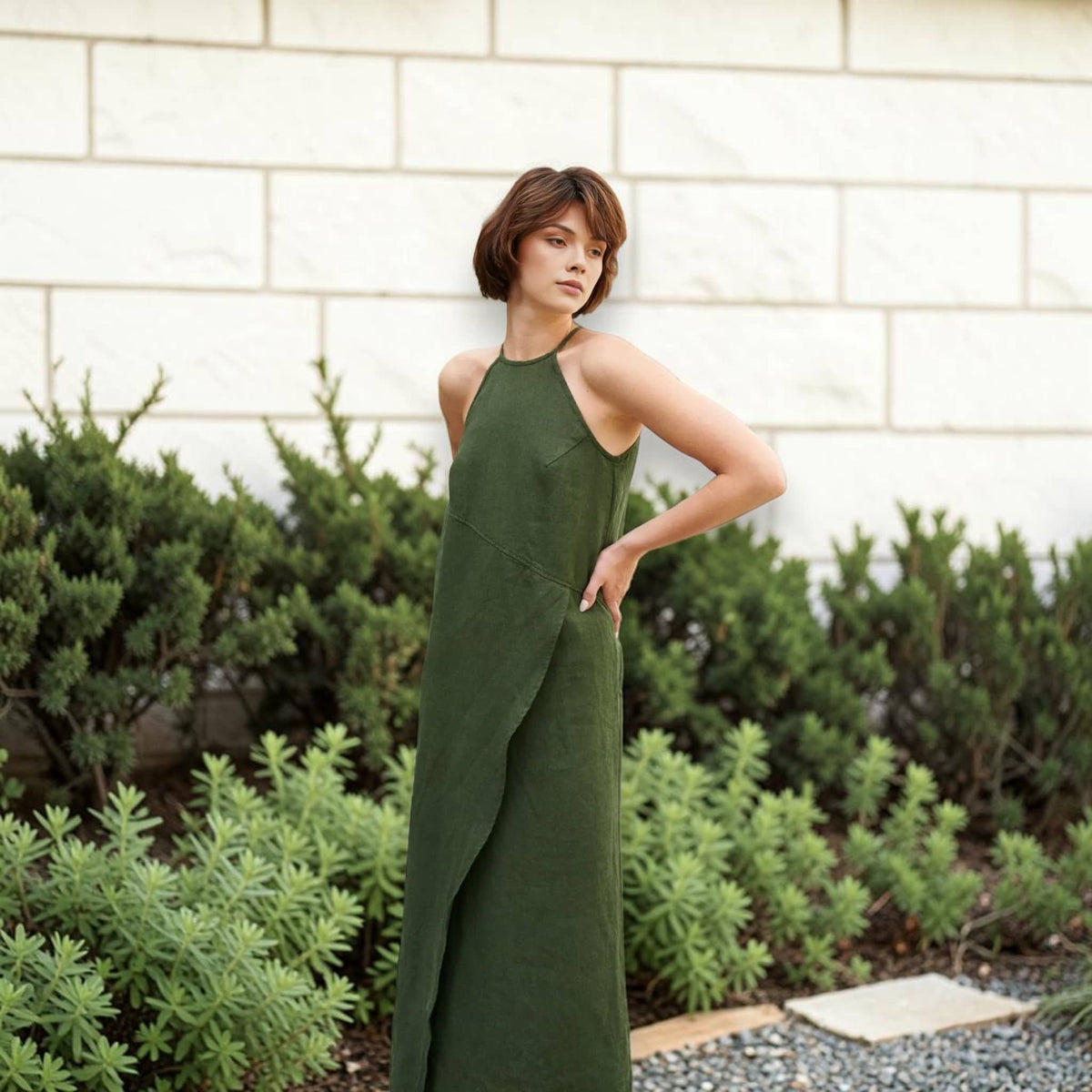 Halter Neck Linen Maxi Dress, Wrap-Front Slit