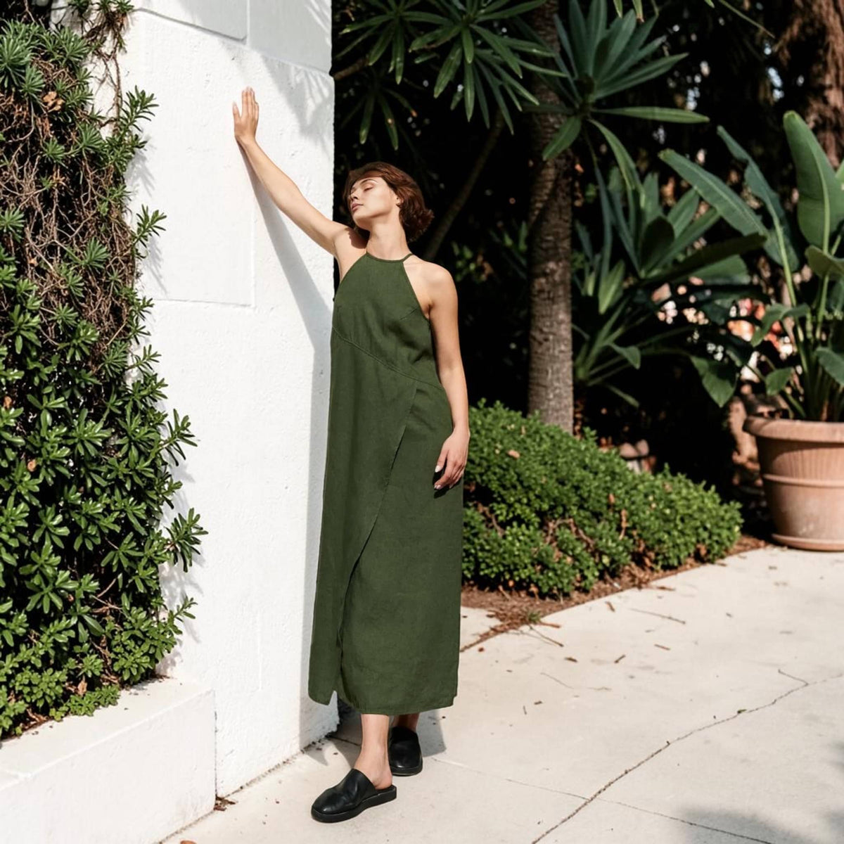 Halter Neck Linen Maxi Dress, Wrap-Front Slit