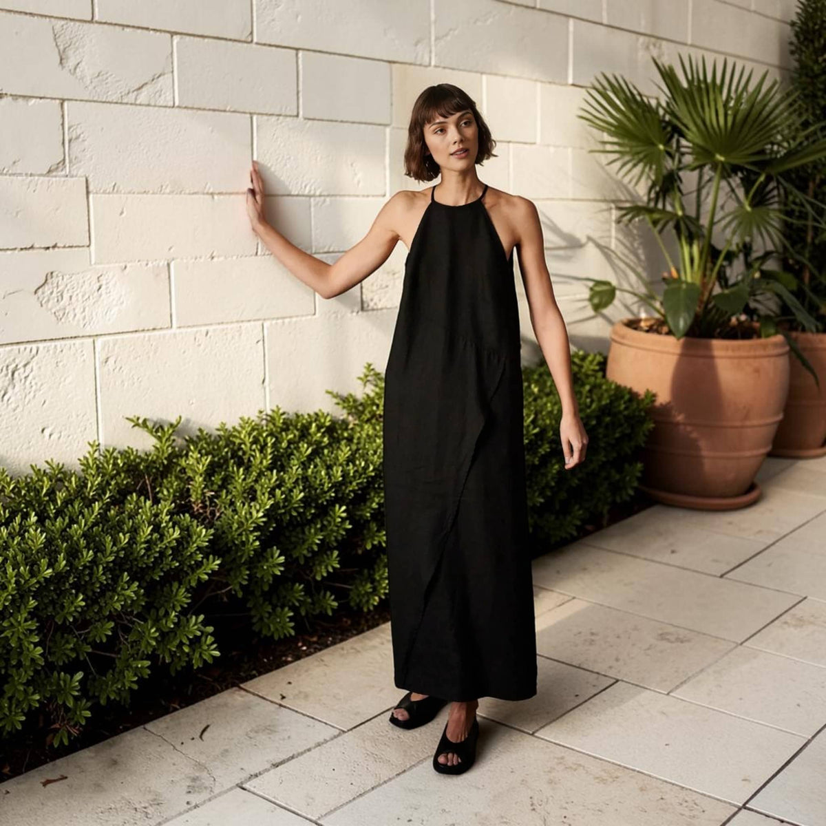 Halter Neck Linen Maxi Dress, Wrap-Front Slit