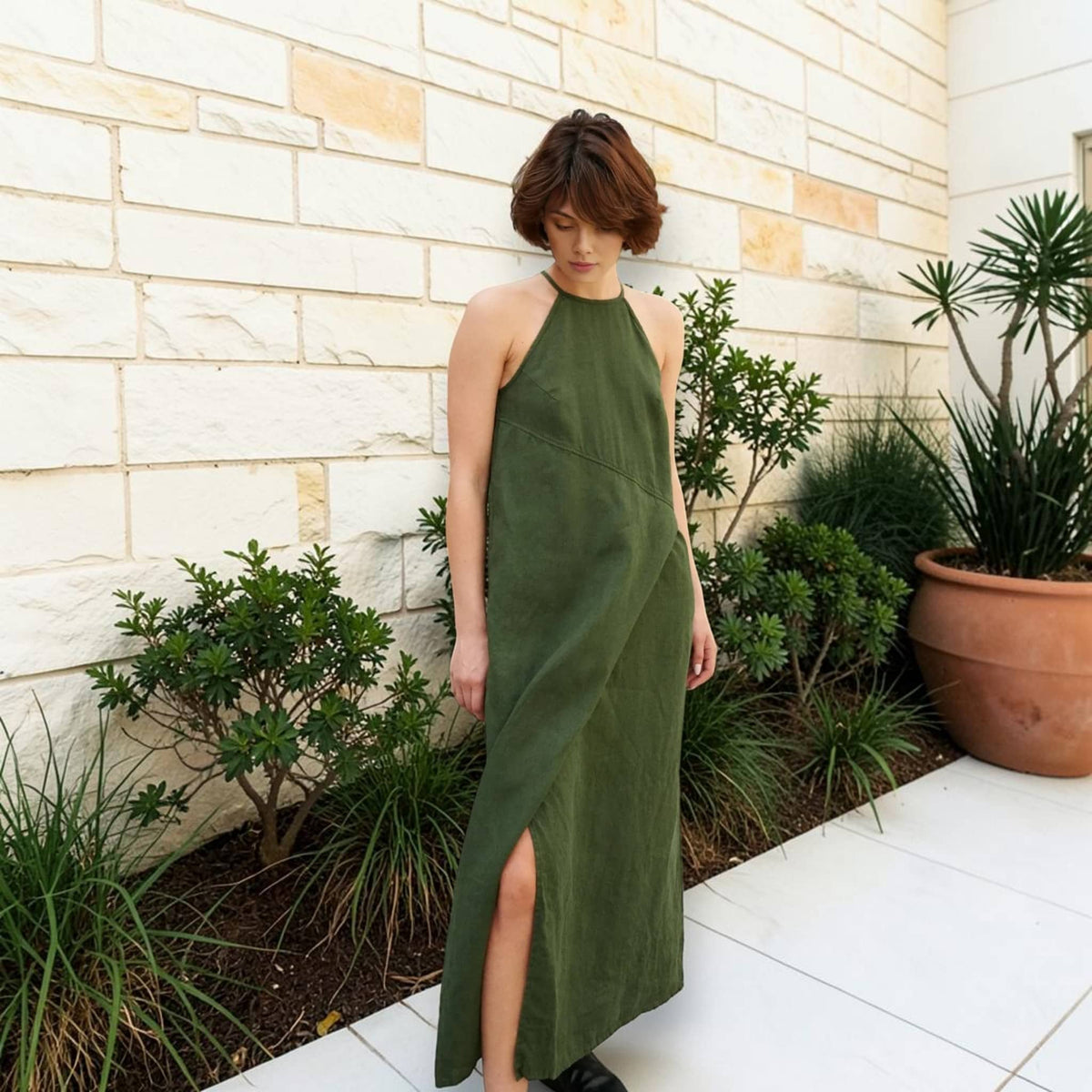 Halter Neck Linen Maxi Dress, Wrap-Front Slit