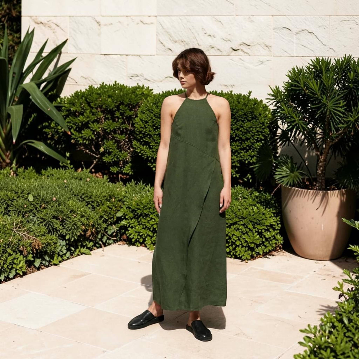 Halter Neck Linen Maxi Dress, Wrap-Front Slit
