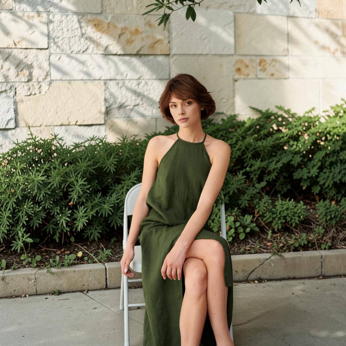 Halter Neck Linen Maxi Dress, Wrap-Front Slit