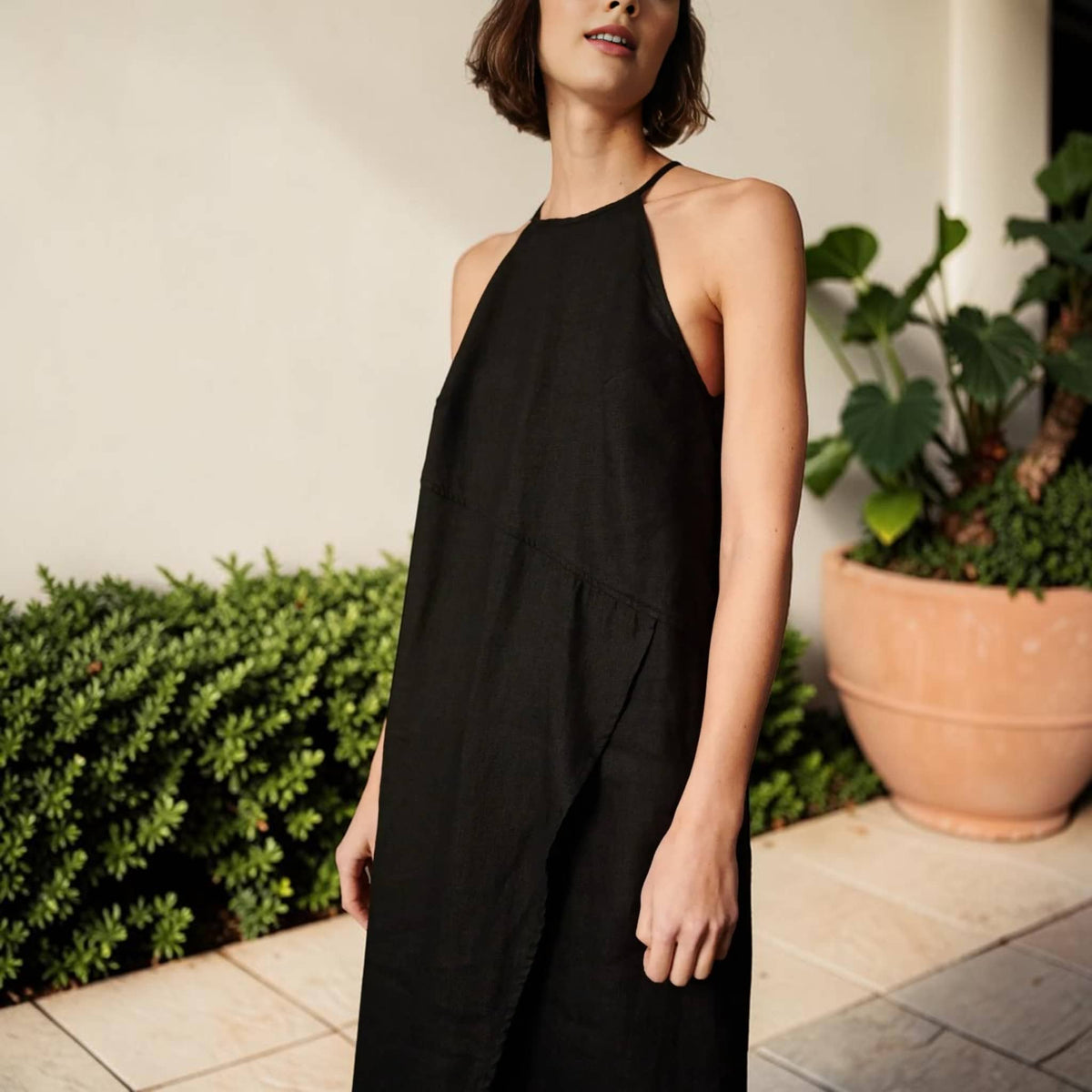 Halter Neck Linen Maxi Dress, Wrap-Front Slit