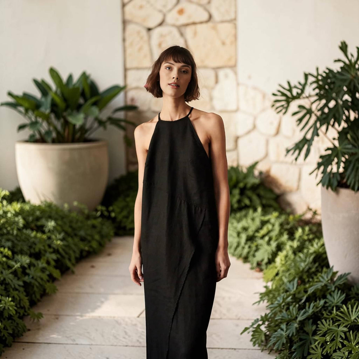 Halter Neck Linen Maxi Dress, Wrap-Front Slit