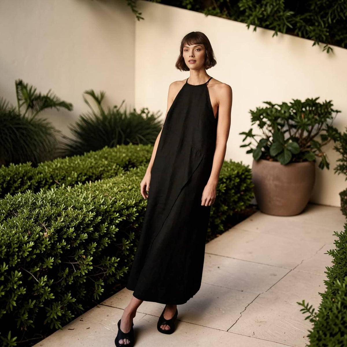 Halter Neck Linen Maxi Dress, Wrap-Front Slit