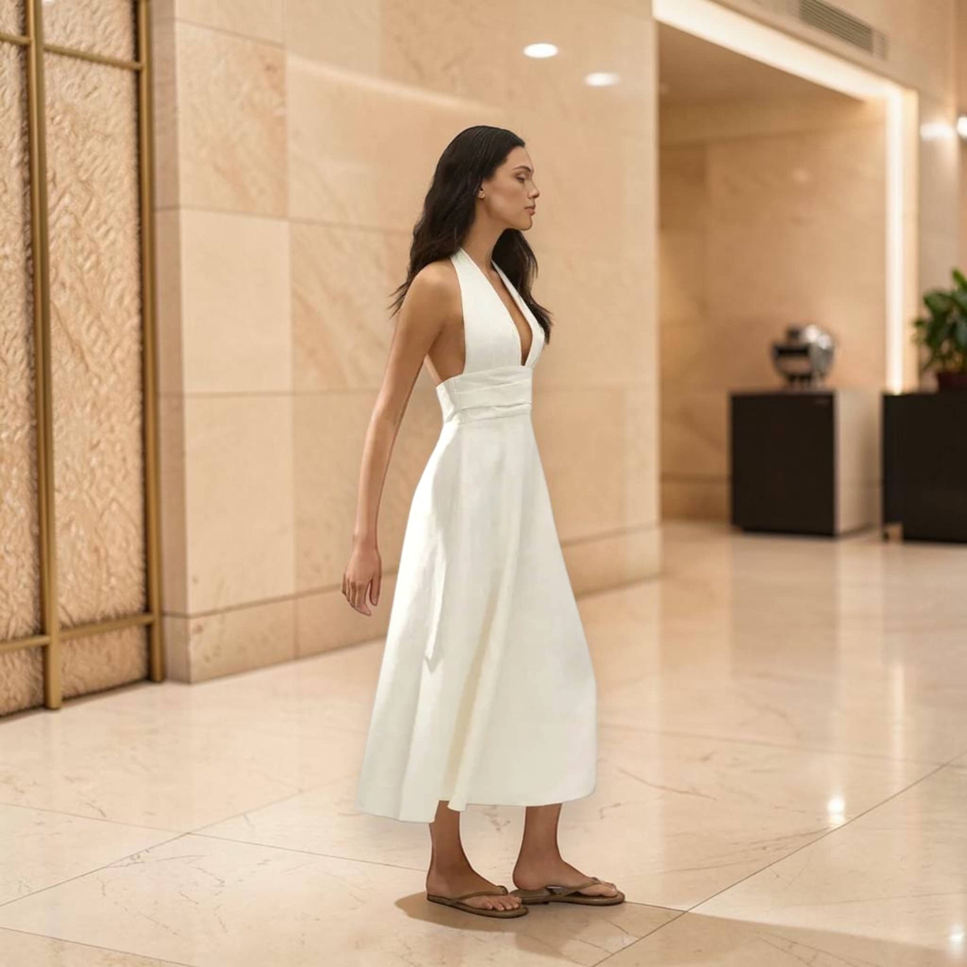 Halter Neck Linen Midi Dress, Deep V Open Back