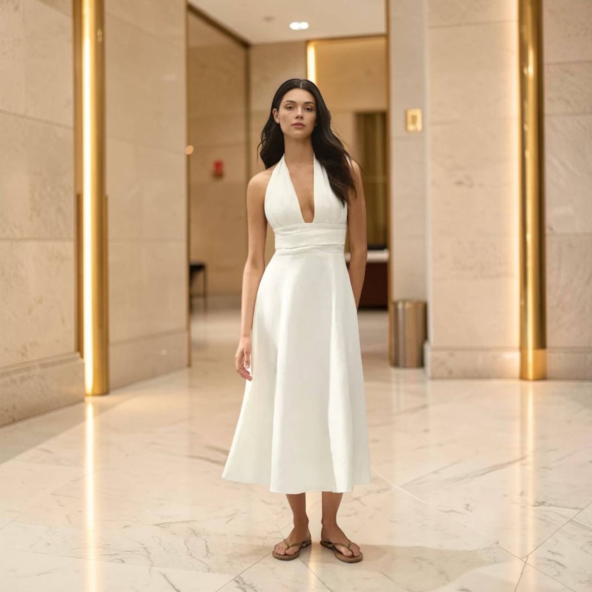 Halter Neck Linen Midi Dress, Deep V Open Back