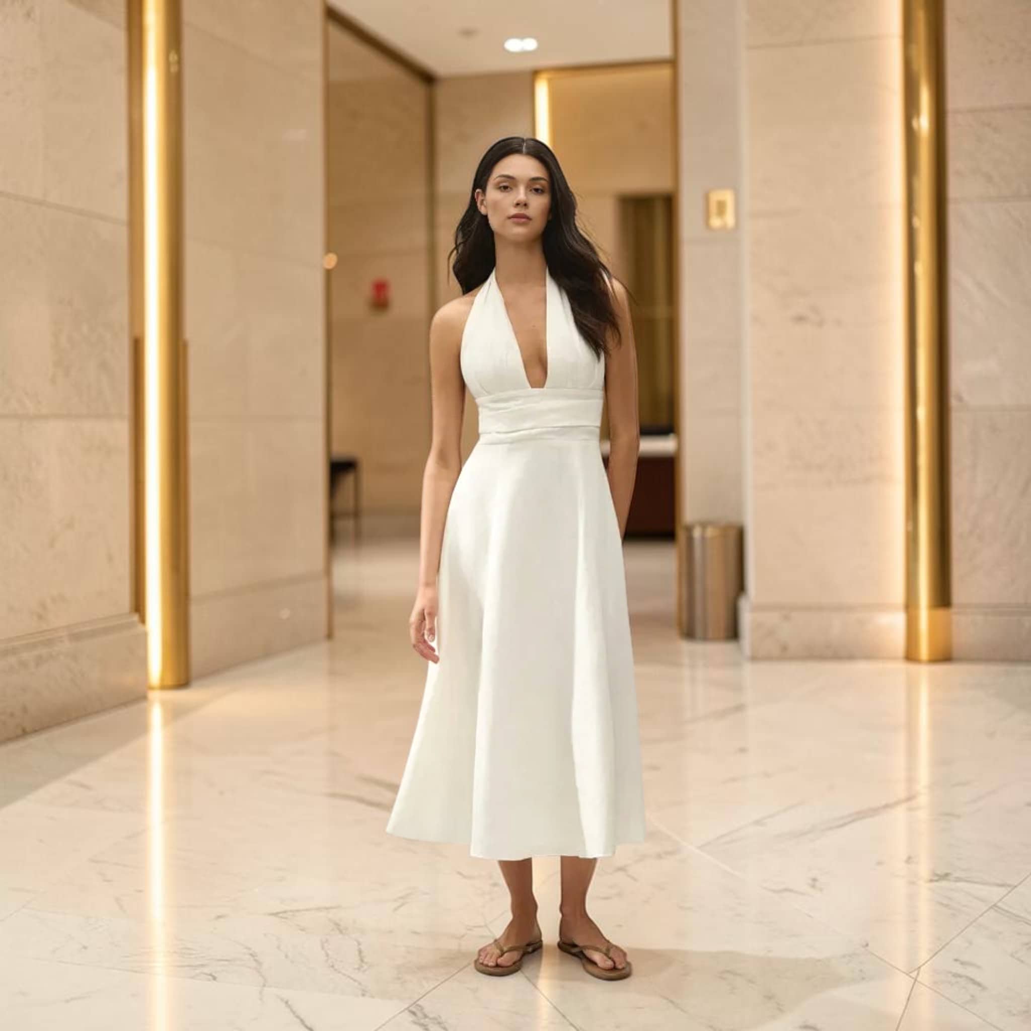 Halter Neck Linen Midi Dress, Deep V Open Back