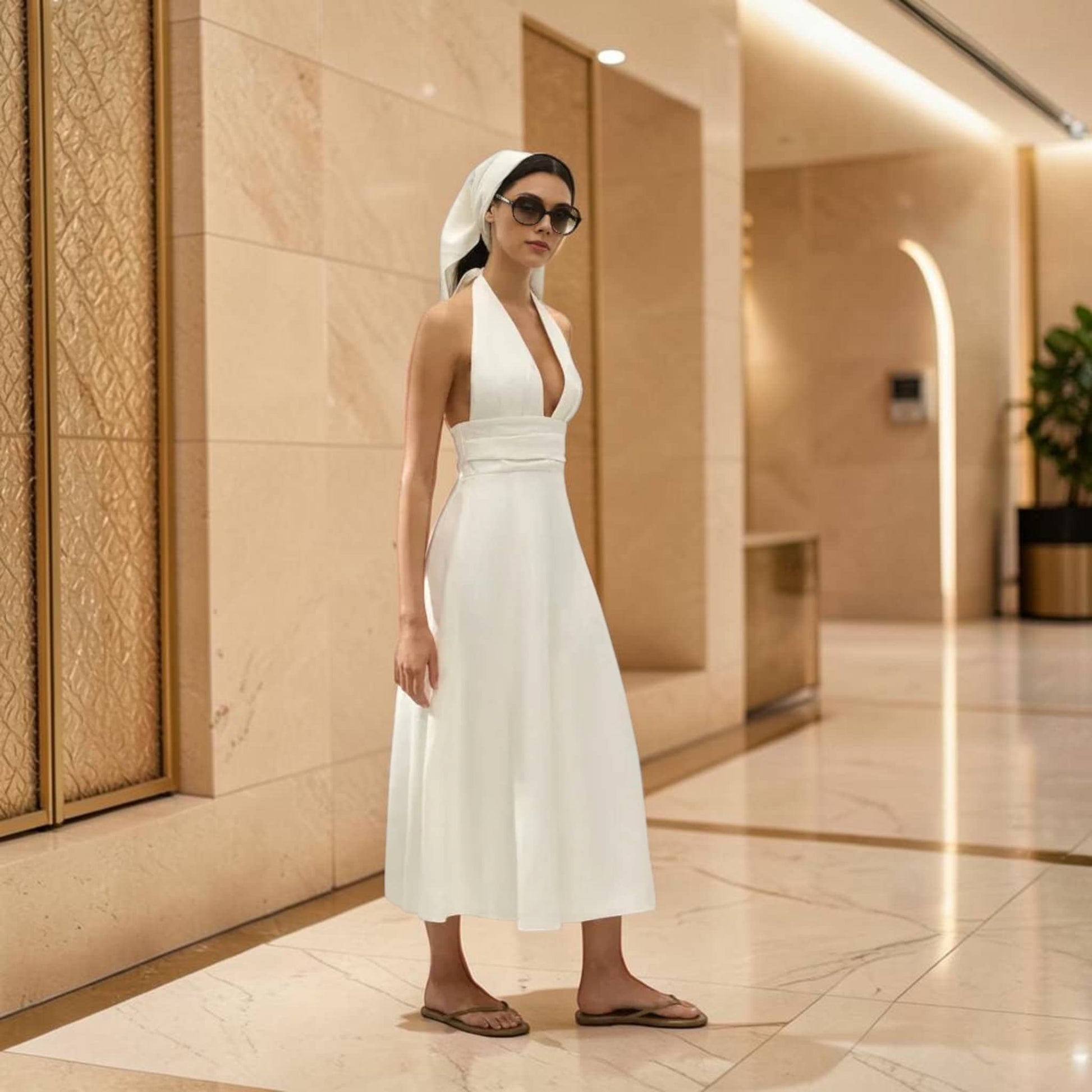 Halter Neck Linen Midi Dress, Deep V Open Back