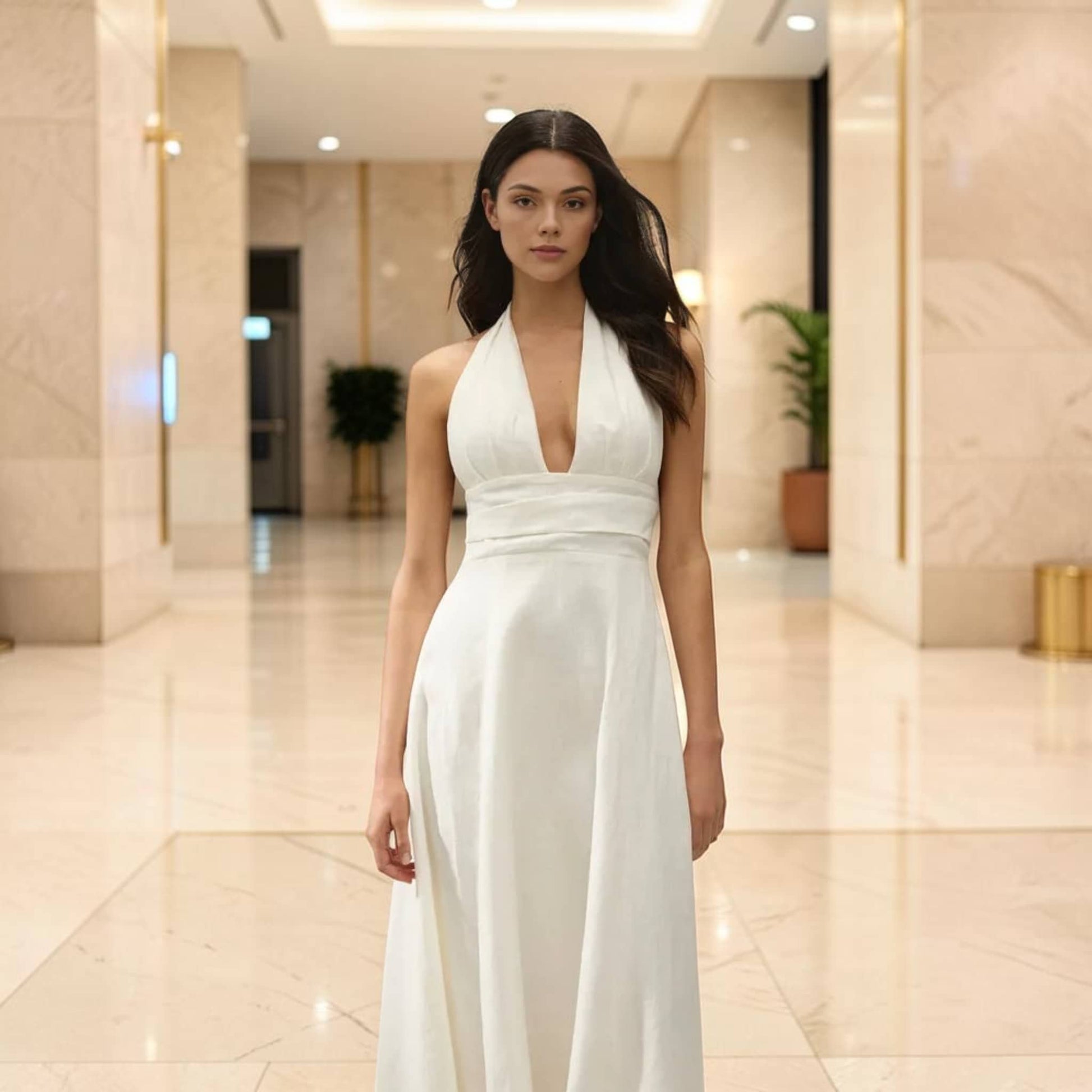 Halter Neck Linen Midi Dress, Deep V Open Back