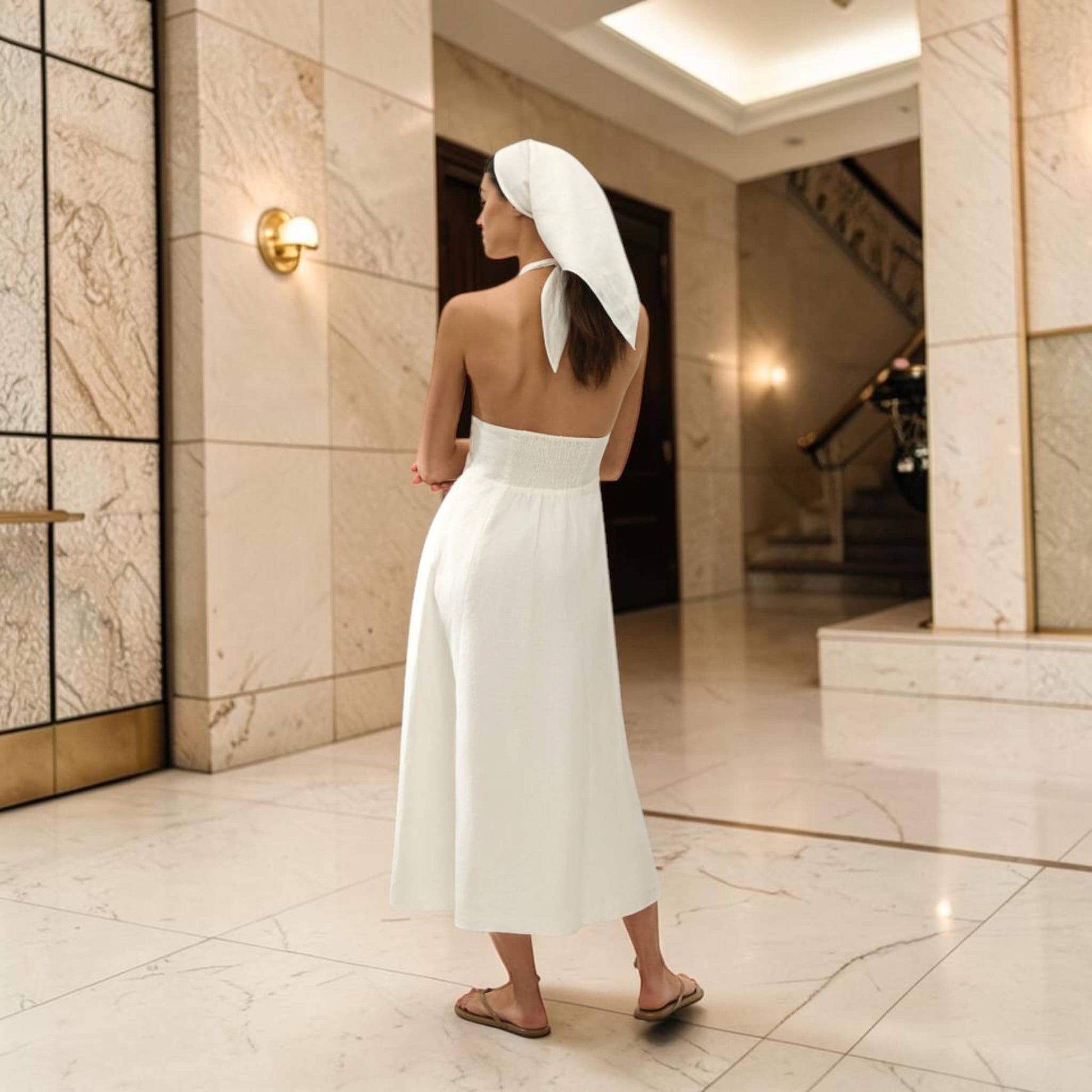 Halter Neck Linen Midi Dress, Deep V Open Back
