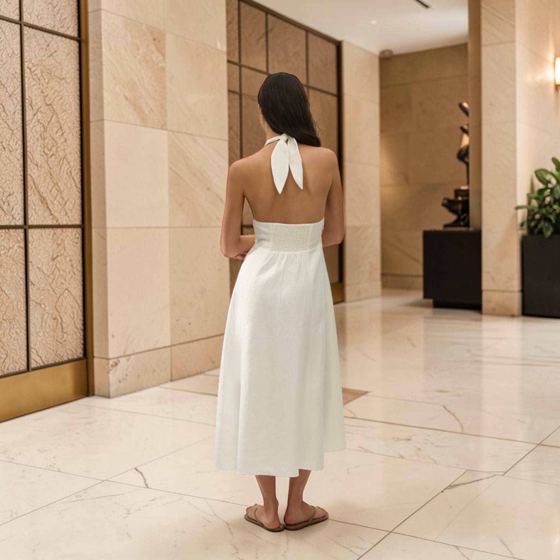 Halter Neck Linen Midi Dress, Deep V Open Back